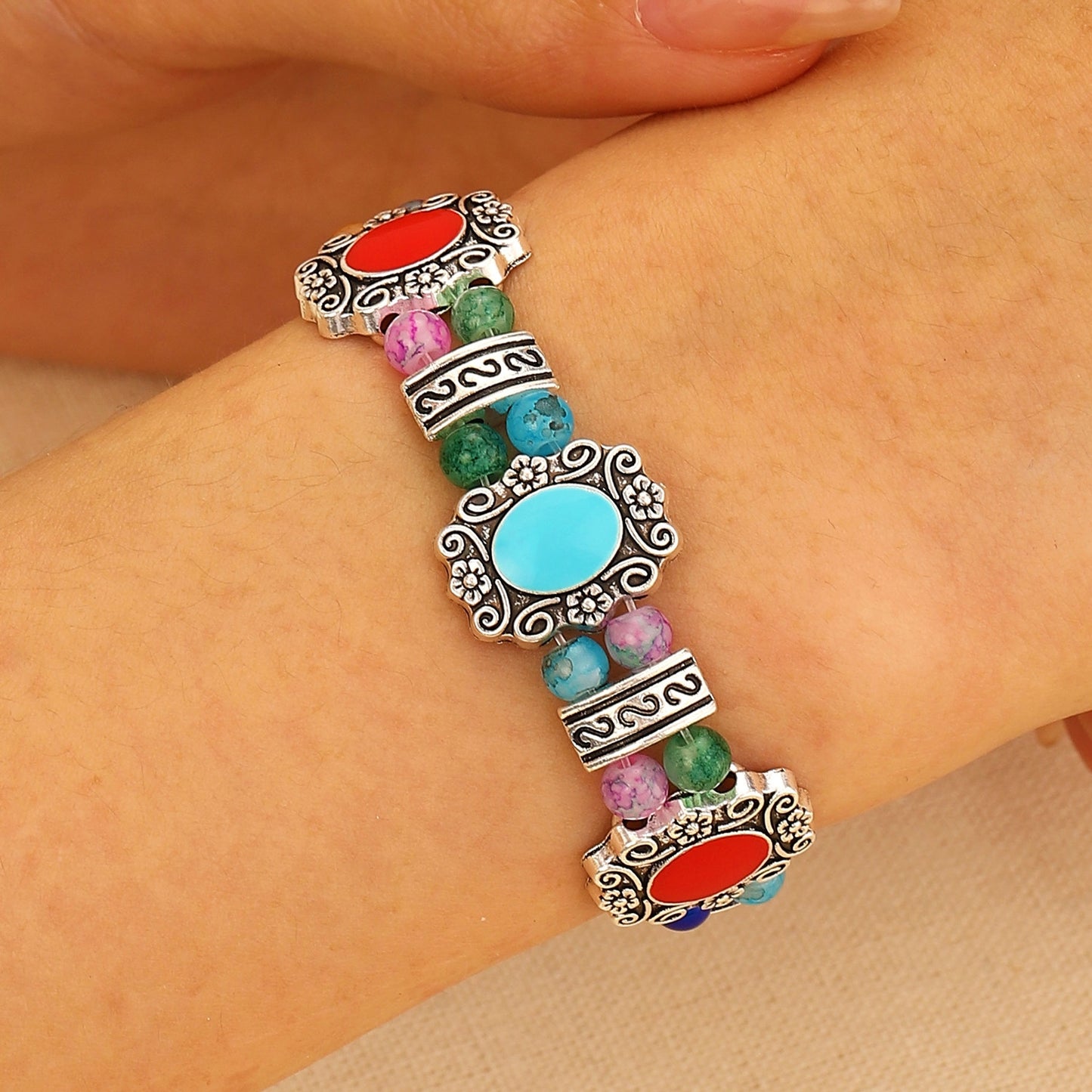 Retro Ethnic Geometric Turquoise Carved Chain Bracelet for Women