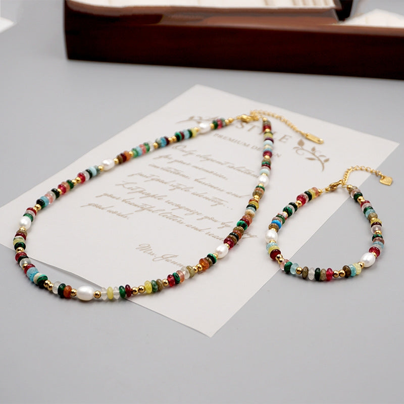 Retro Geometric Crystal & Freshwater Pearl Beaded Necklace for Women