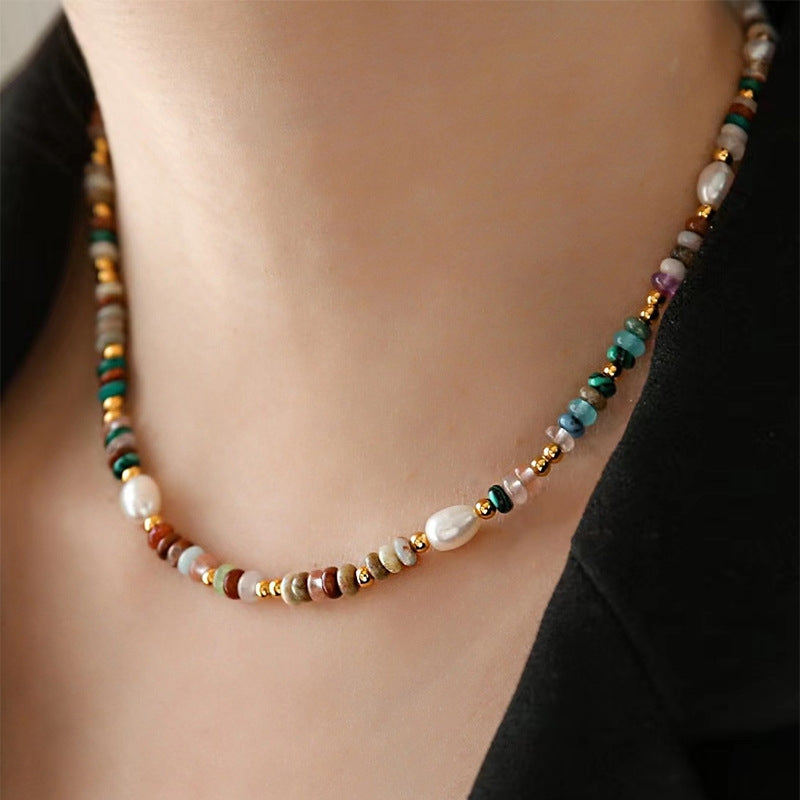 Retro Geometric Crystal & Freshwater Pearl Beaded Necklace for Women