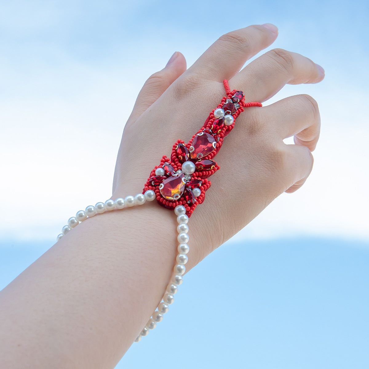 Retro Geometric Color Block Pearl Rhinestone Beach-Style Bracelet