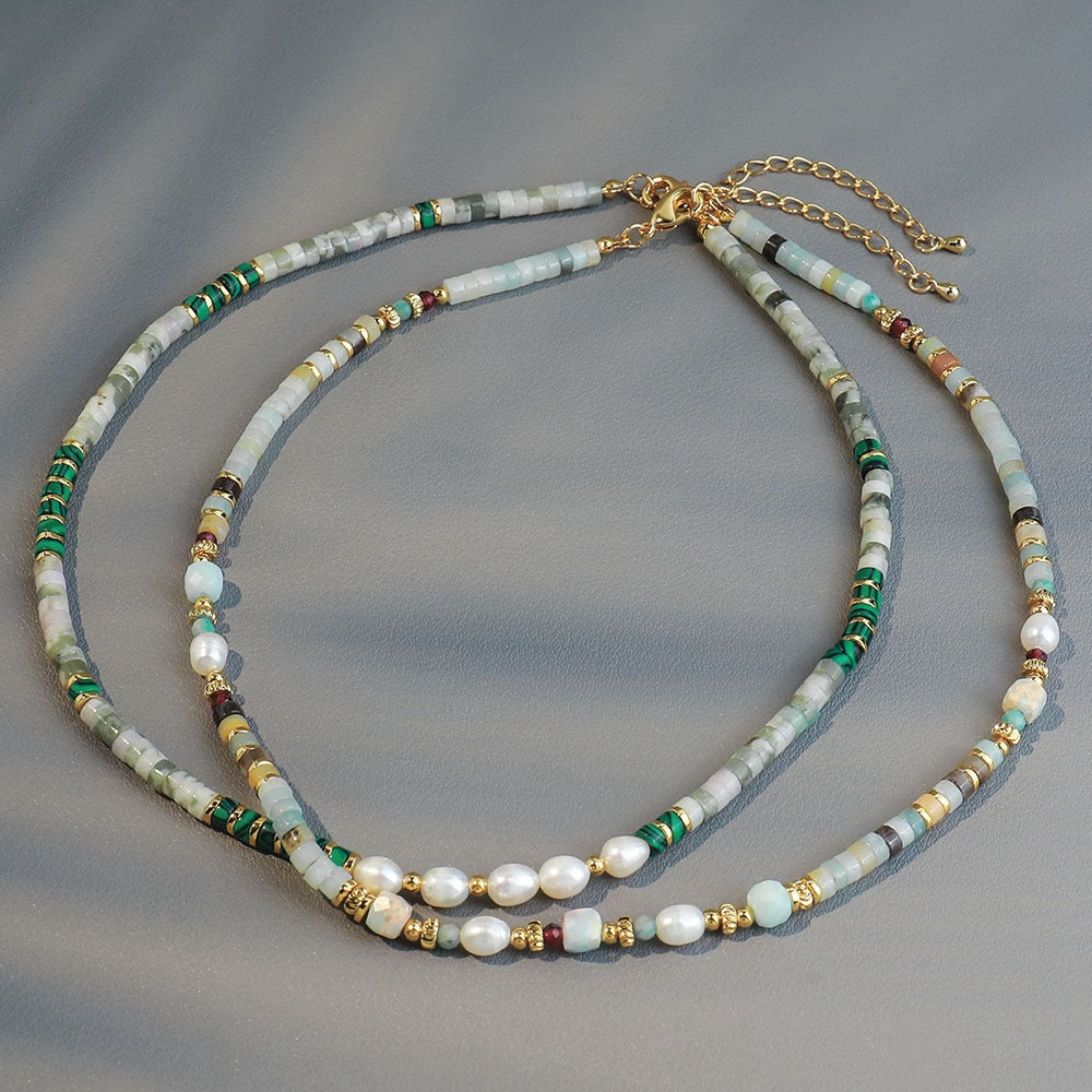 Retro Geometric Malachite Freshwater Pearl Beaded Necklace