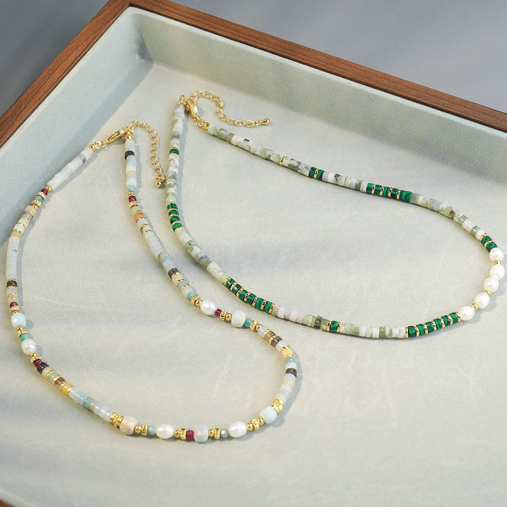 Retro Geometric Malachite Freshwater Pearl Beaded Necklace