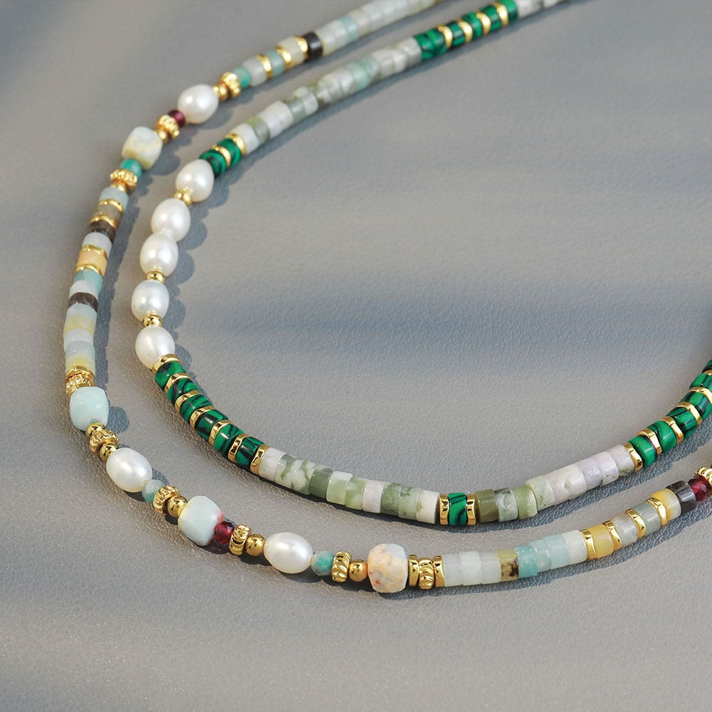 Retro Geometric Malachite Freshwater Pearl Beaded Necklace