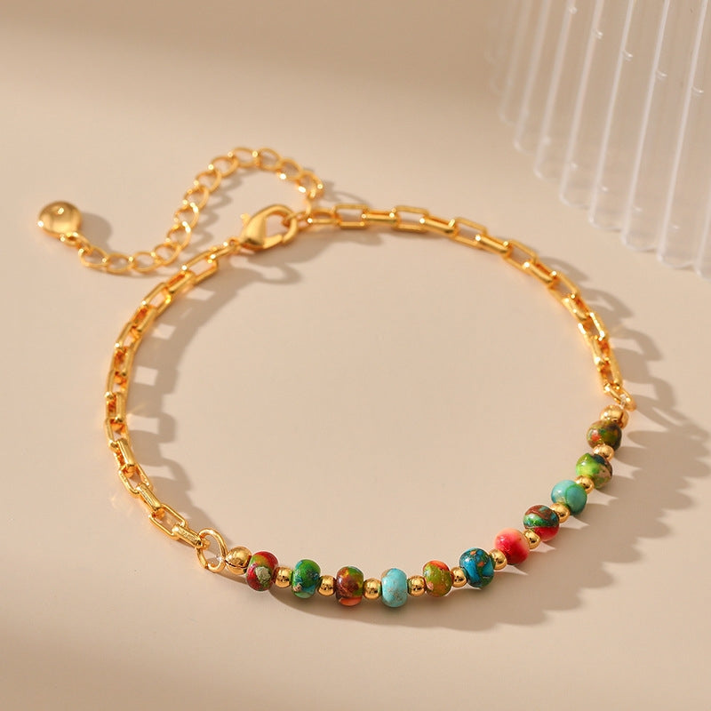 Retro Geometric Colorful Stone Beaded 18k Gold Plated Copper Bracelet