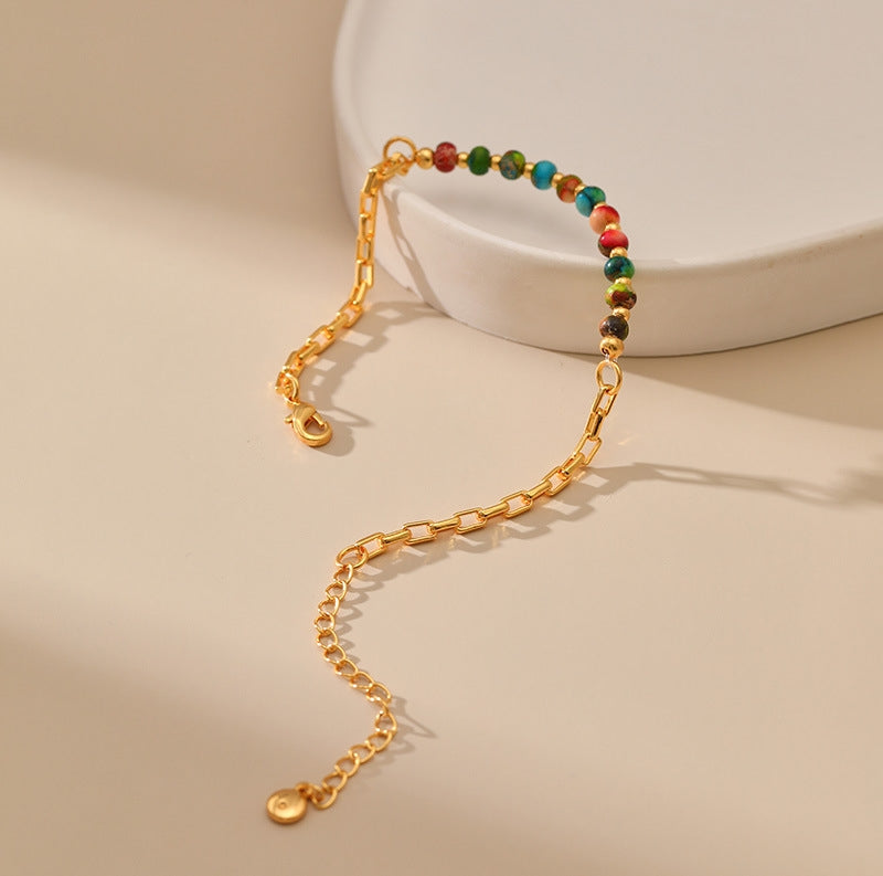 Retro Geometric Colorful Stone Beaded 18k Gold Plated Copper Bracelet