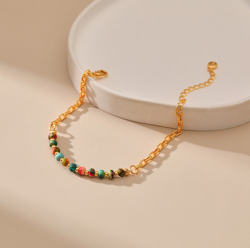 Retro Geometric Colorful Stone Beaded 18k Gold Plated Copper Bracelet