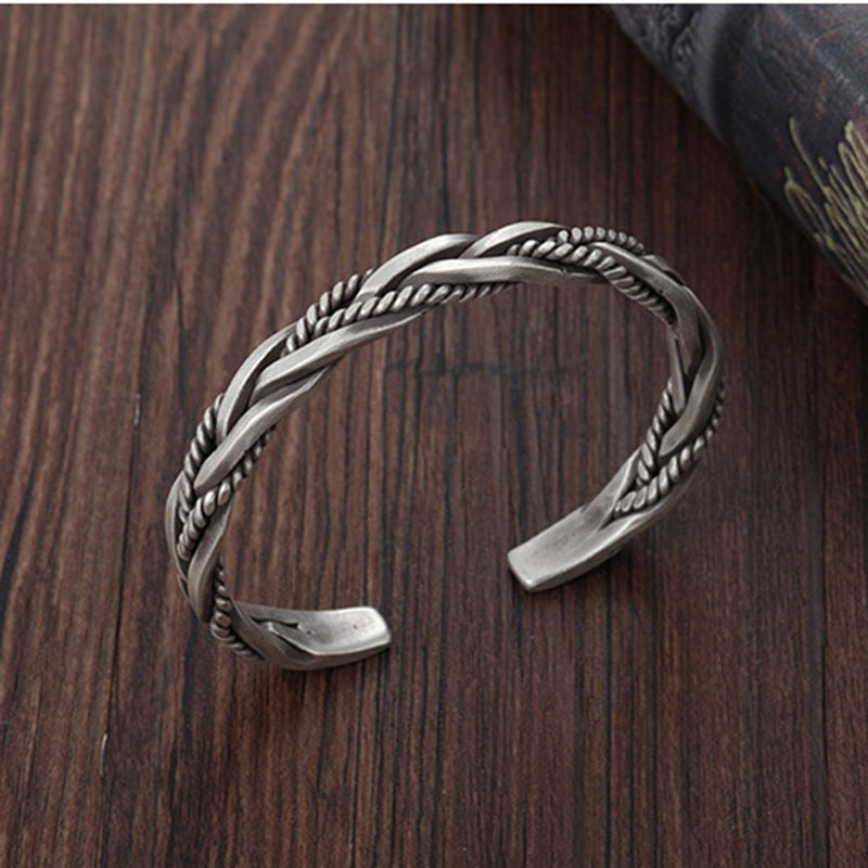 Retro Geometric Silver Plated Men's Braided Cuff Bracelet