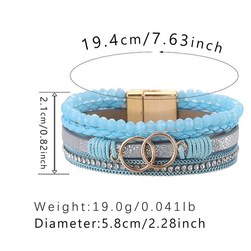 Retro Geometric Leather & Crystal PU Bracelet with 8 Ring Design