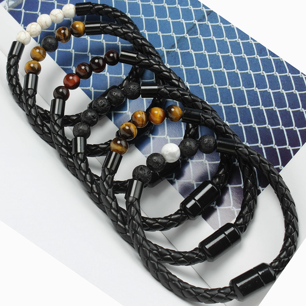 Retro Geometric Tiger Eye Stone Beaded Leather Bracelet