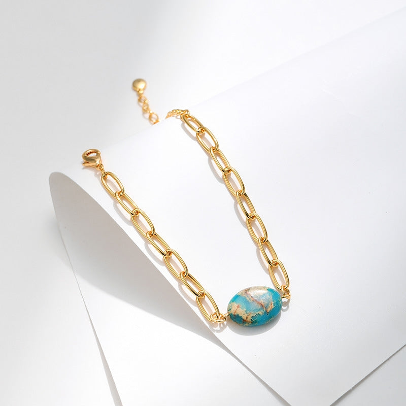 Retro Oval Green Natural Stone 18k Gold Plated Copper Bracelet for Women