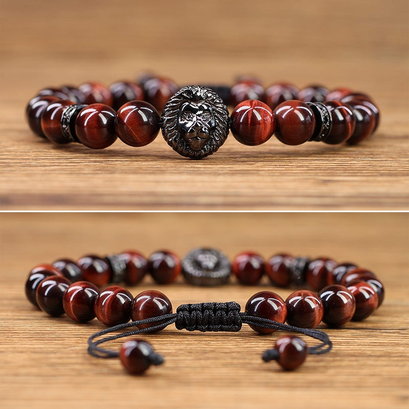 Retro Geometric Tiger Eye & Black Matte Stone Men's Bracelet with Lion Head and Micro Pave Zircon