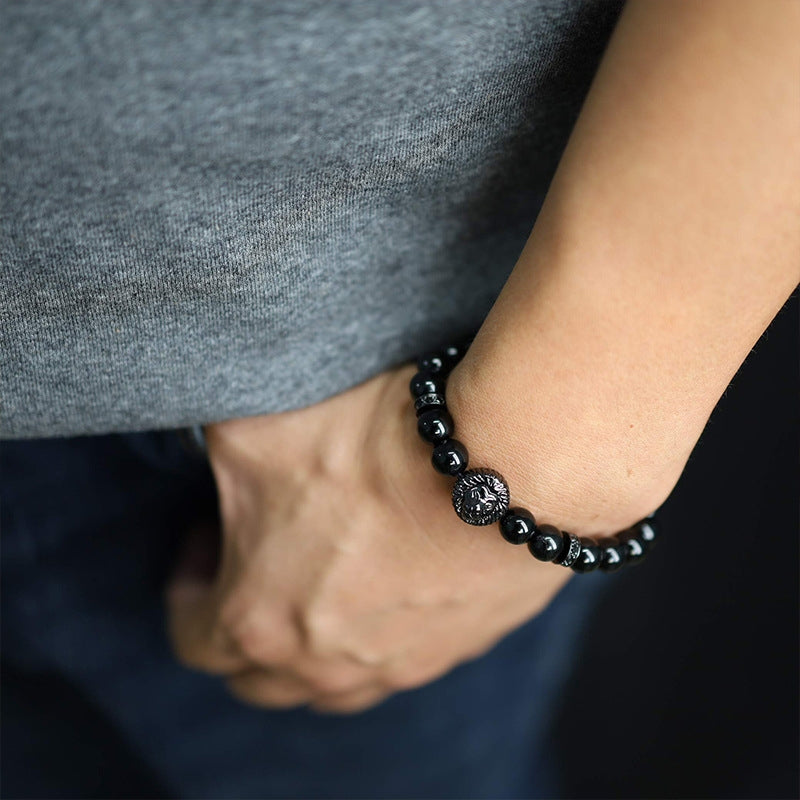 Retro Geometric Tiger Eye & Black Matte Stone Men's Bracelet with Lion Head and Micro Pave Zircon