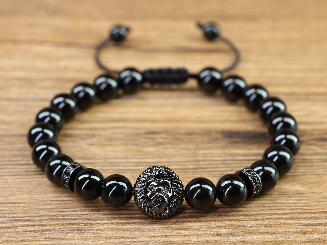 Retro Geometric Tiger Eye & Black Matte Stone Men's Bracelet with Lion Head and Micro Pave Zircon