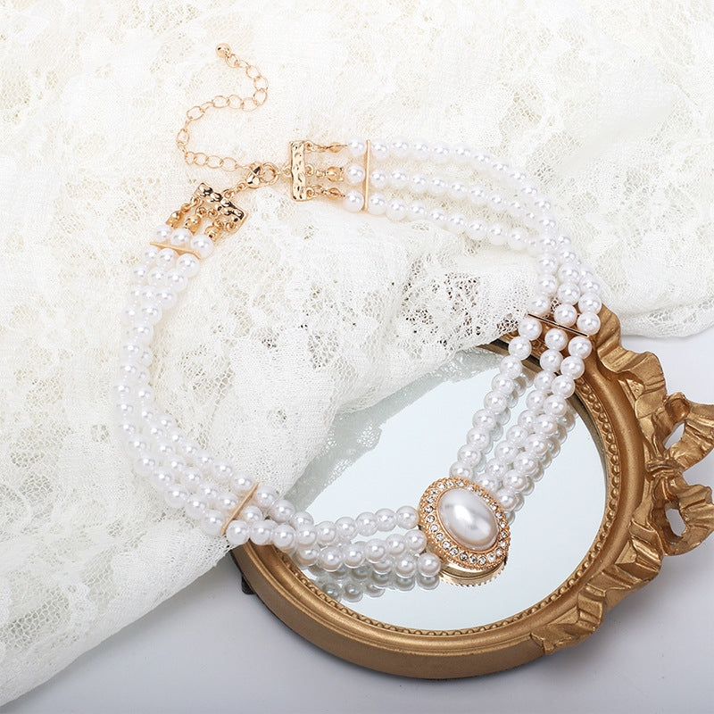 Retro Geometric Oval Pearl Layered Choker Necklace