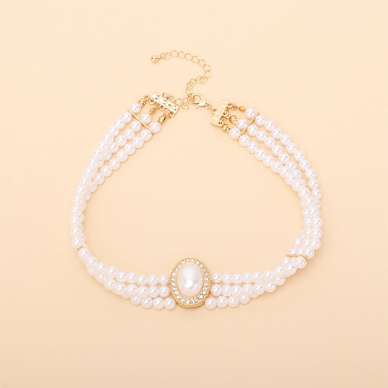 Retro Geometric Oval Pearl Layered Choker Necklace