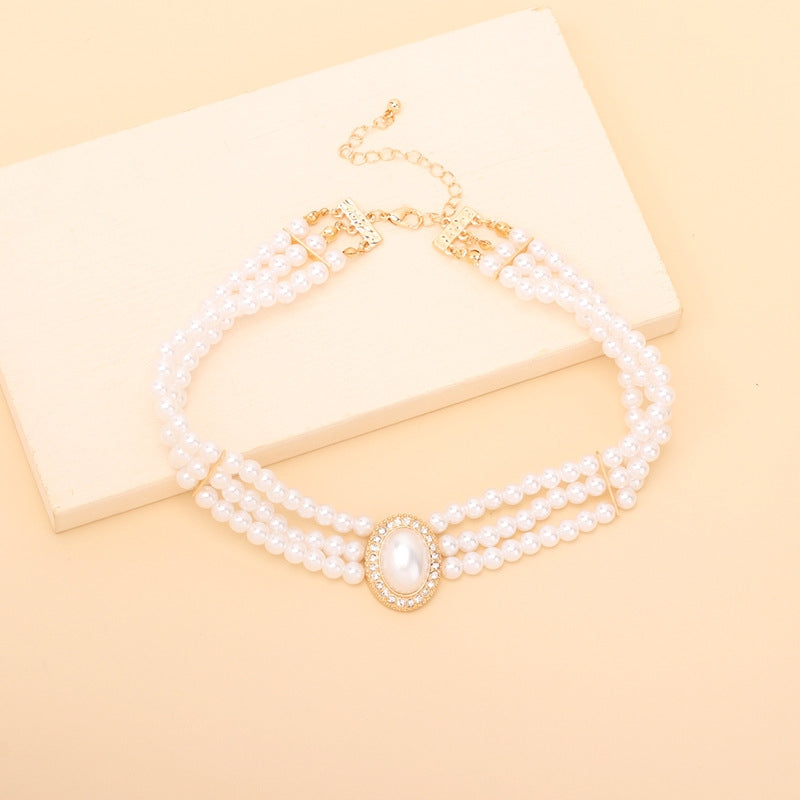 Retro Geometric Oval Pearl Layered Choker Necklace