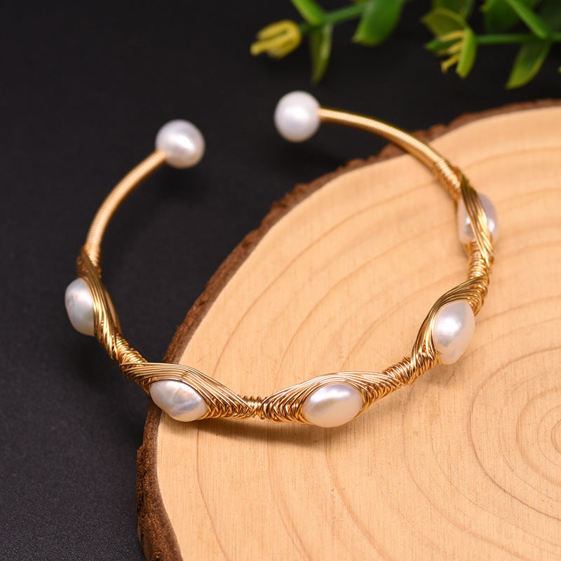 Retro Geometric Turquoise Crystal 18k Gold Plated Freshwater Pearl Bangle Bracelet