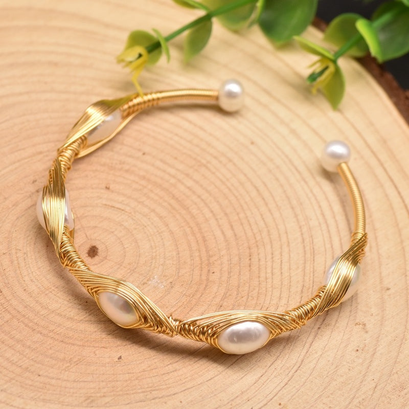 Retro Geometric Turquoise Crystal 18k Gold Plated Freshwater Pearl Bangle Bracelet