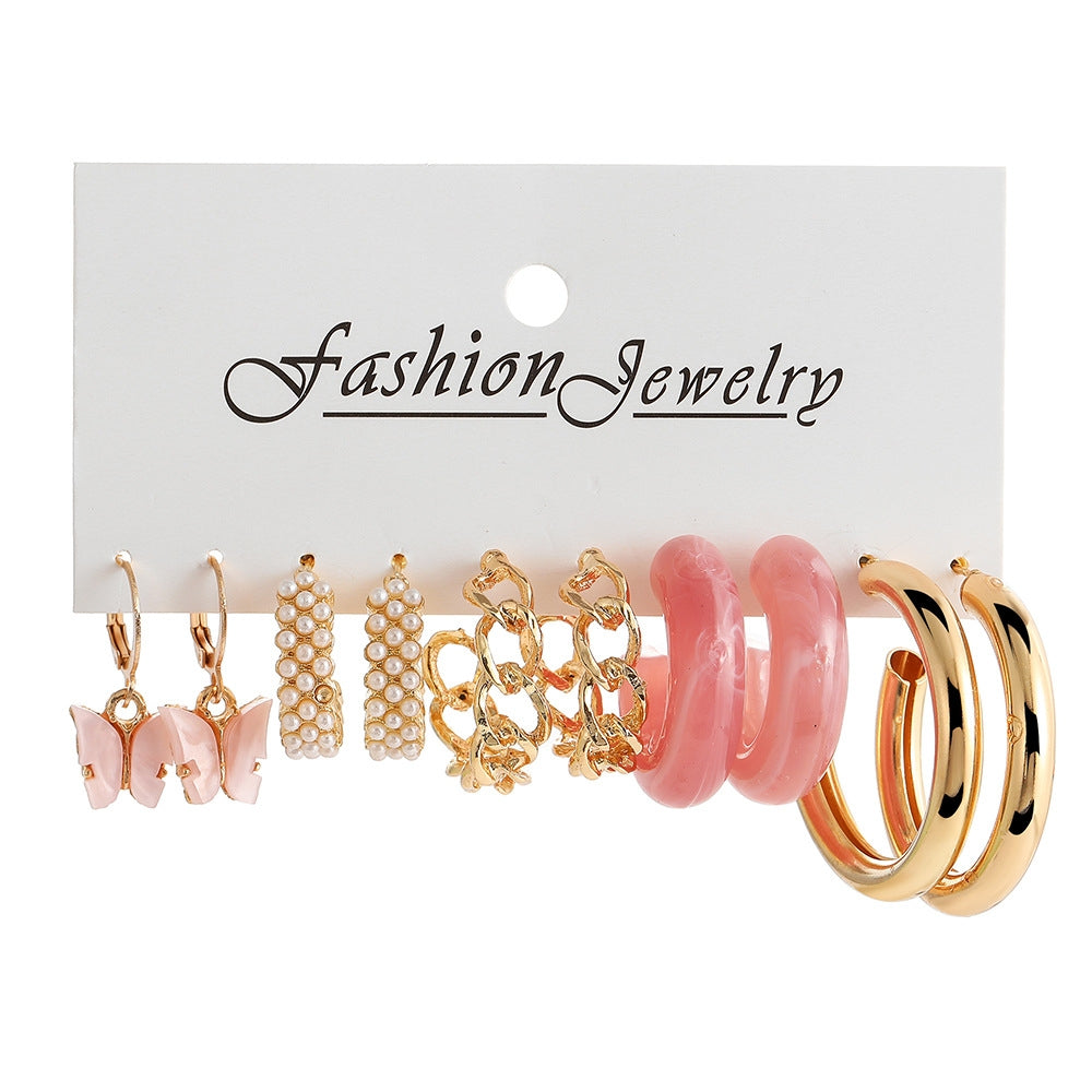 Retro Geometric Alloy Earrings Set with Pearl Butterfly and Pink Acrylic C-Shaped Hoops