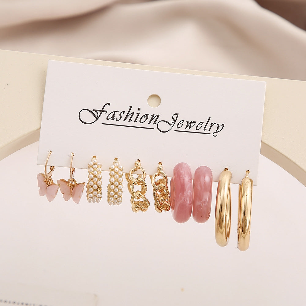 Retro Geometric Alloy Earrings Set with Pearl Butterfly and Pink Acrylic C-Shaped Hoops