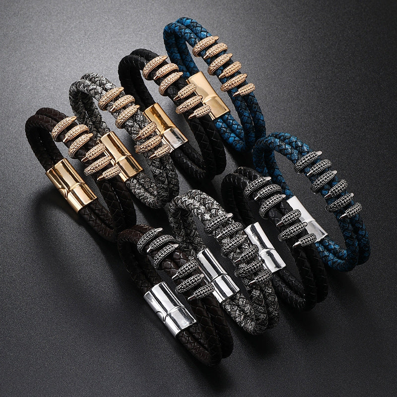 Retro Geometric Alloy Knitted Leather Men's Bracelet