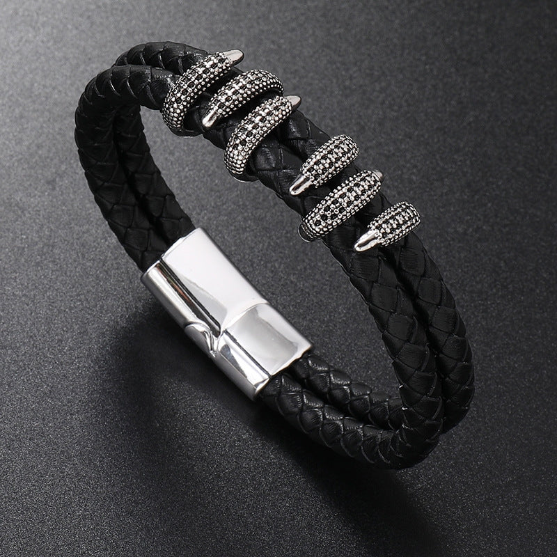 Retro Geometric Alloy Knitted Leather Men's Bracelet