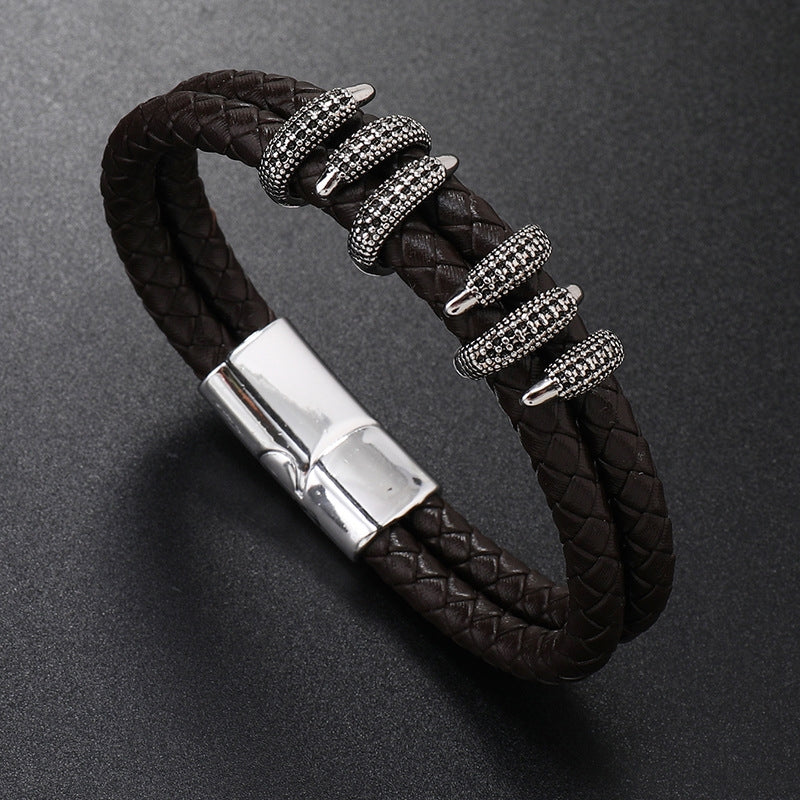 Retro Geometric Alloy Knitted Leather Men's Bracelet