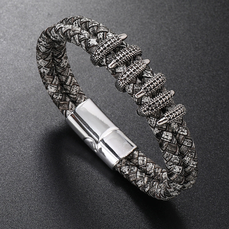 Retro Geometric Alloy Knitted Leather Men's Bracelet