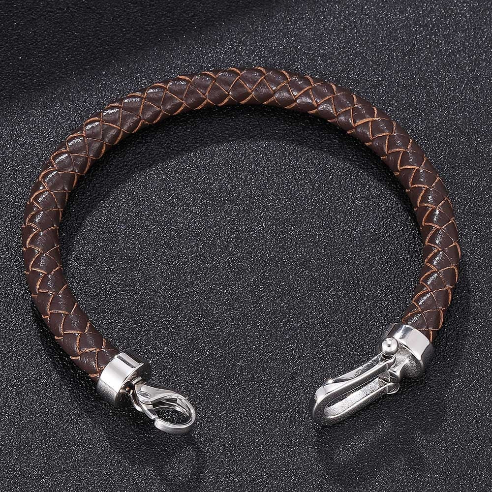 Retro Geometric Stainless Steel Leather Men's Bracelet with Horseshoe Buckle