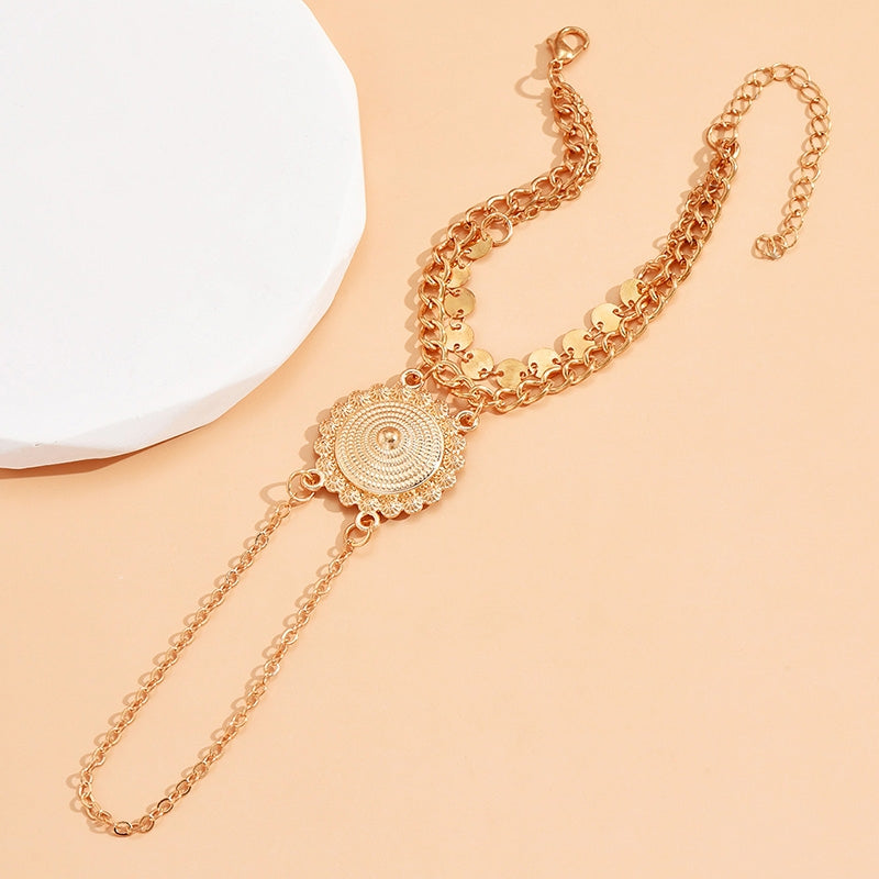 Retro Geometric Alloy Plated Women's Multi-Layered Bracelet and Finger Chain Set