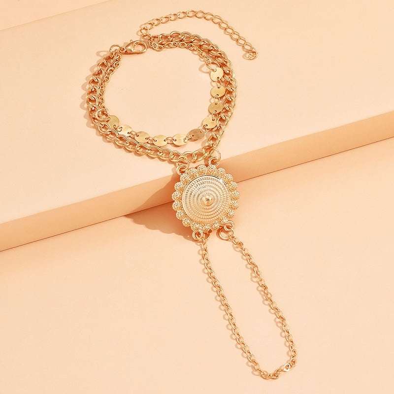 Retro Geometric Alloy Plated Women's Multi-Layered Bracelet and Finger Chain Set
