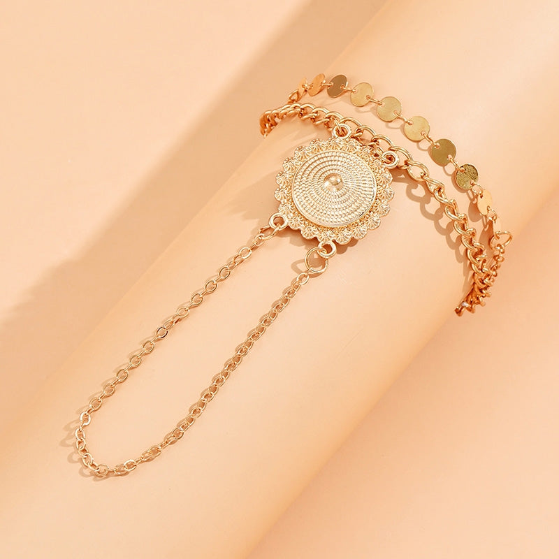 Retro Geometric Alloy Plated Women's Multi-Layered Bracelet and Finger Chain Set