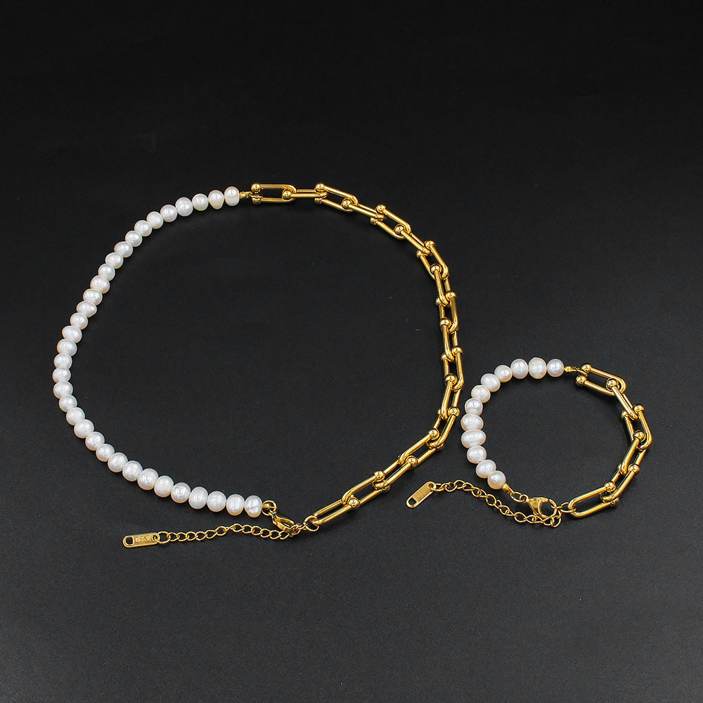 Retro Geometric Stainless Steel Pearl Necklace & Bracelet Set with U-Shaped Horseshoe Design