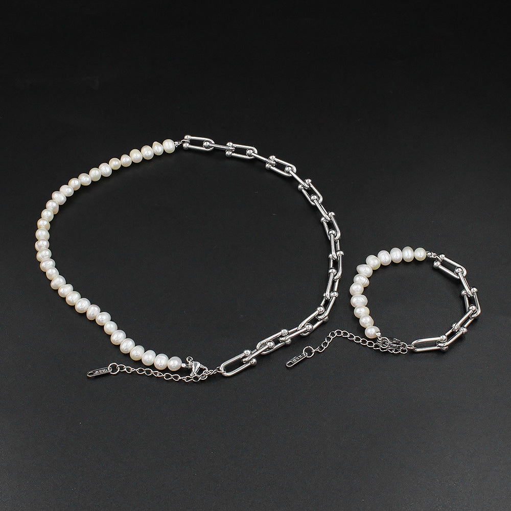 Retro Geometric Stainless Steel Pearl Necklace & Bracelet Set with U-Shaped Horseshoe Design