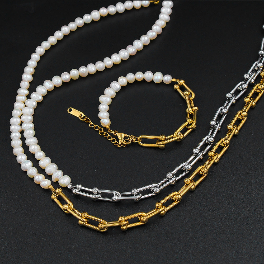 Retro Geometric Stainless Steel Pearl Necklace & Bracelet Set with U-Shaped Horseshoe Design