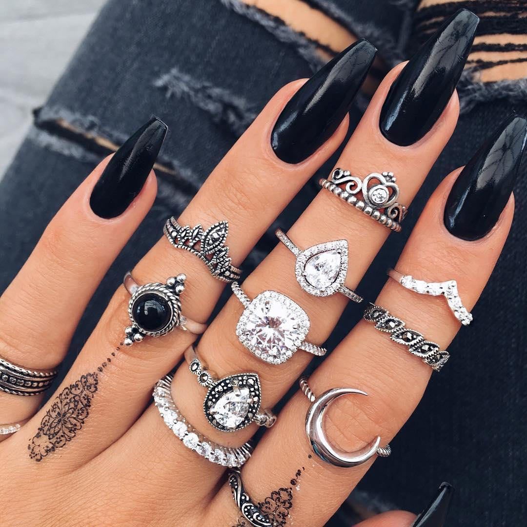 Retro Geometric Bohemian Crystal Moon Ring Set - 11 Piece Vintage Style Jewelry