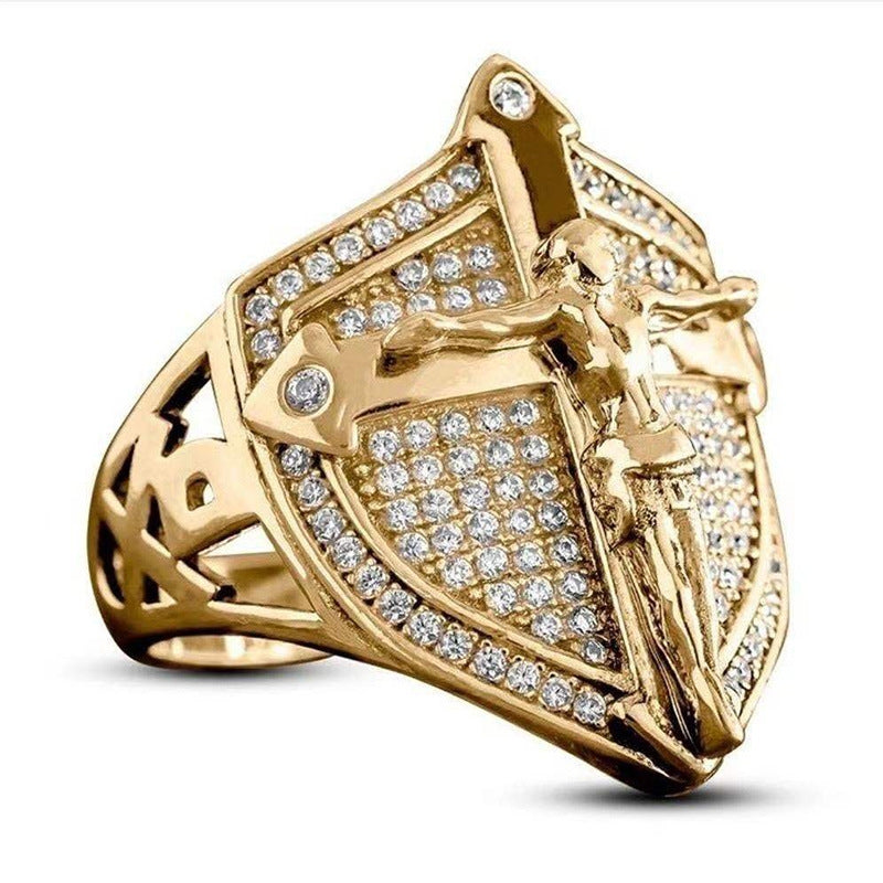 Retro Gold Shield Jesus Ring Creative Men's Alloy Diamond Band