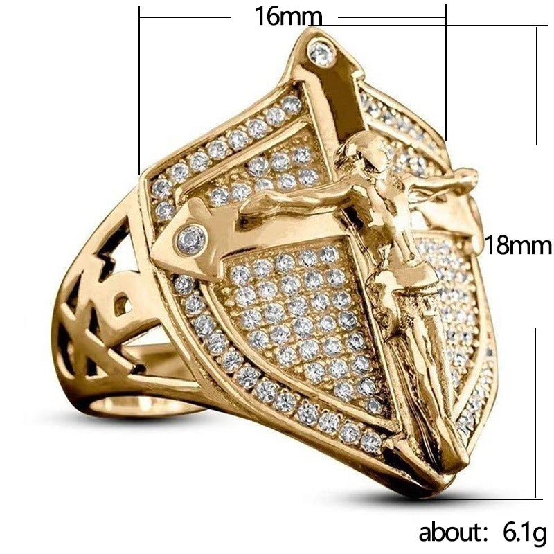 Retro Gold Shield Jesus Ring Creative Men's Alloy Diamond Band