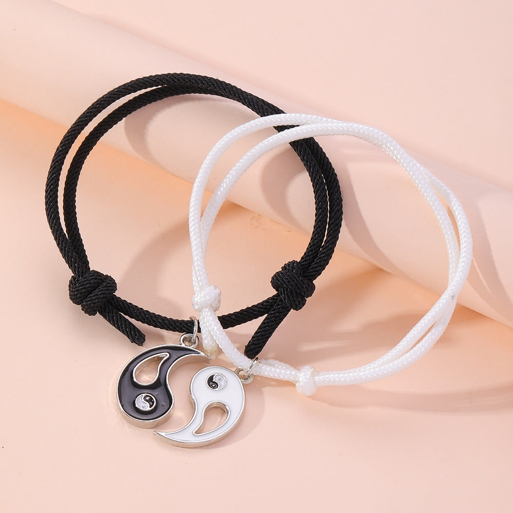 Retro Yin Yang Enamel Alloy Bracelets Set - Adjustable Braided Couple Design