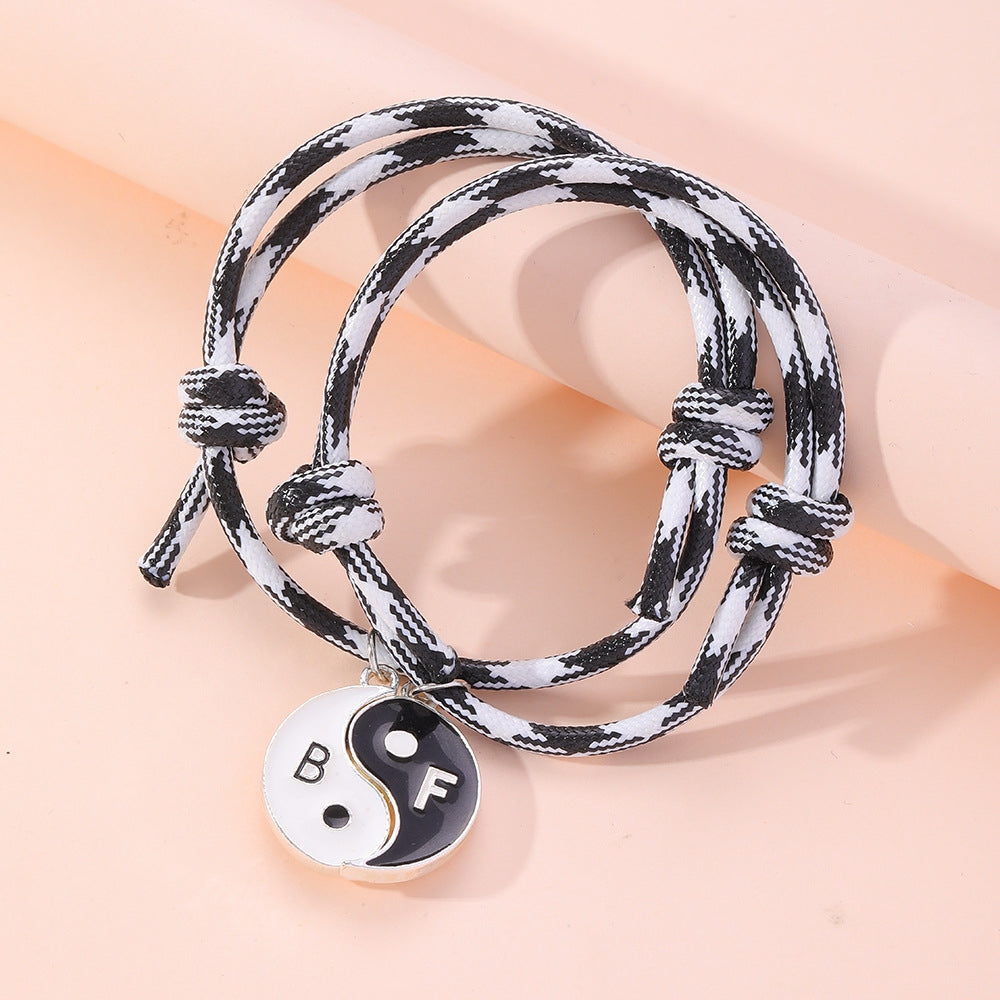 Retro Yin Yang Enamel Alloy Bracelets Set - Adjustable Braided Couple Design