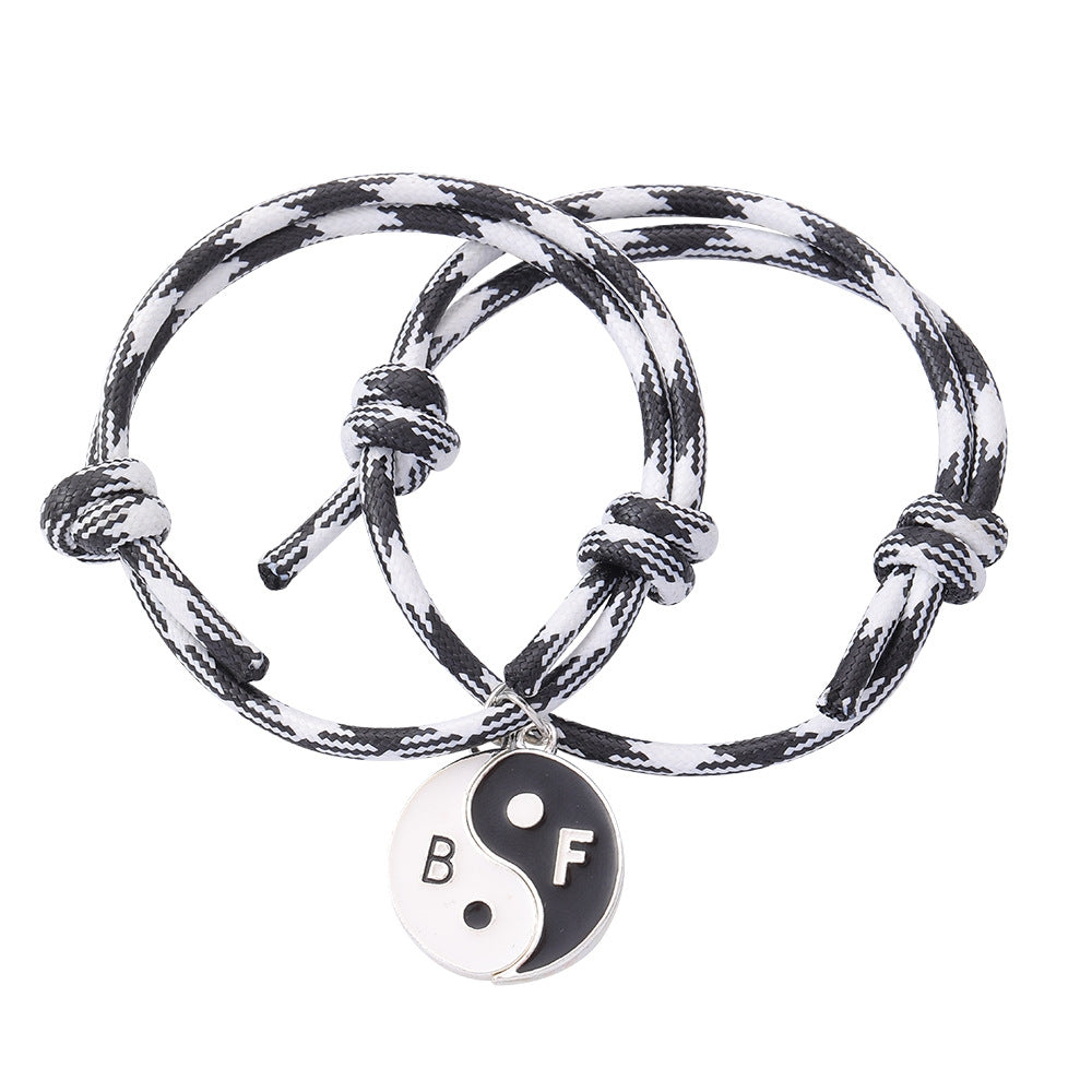 Retro Yin Yang Enamel Alloy Bracelets Set - Adjustable Braided Couple Design