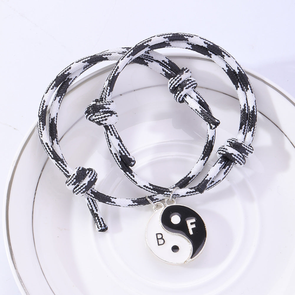 Retro Yin Yang Enamel Alloy Bracelets Set - Adjustable Braided Couple Design