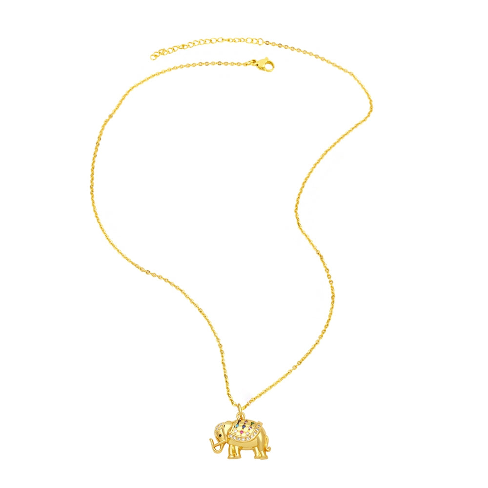 Retro Elephant Zircon Pendant Necklace in Copper Gold Plated Finish