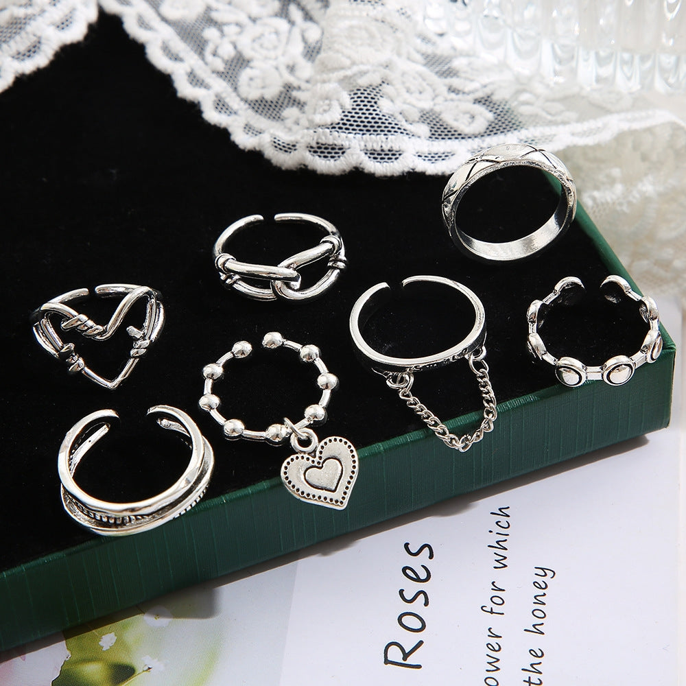 Retro Geometric Heart Chain Ring Set - 7 Piece Vintage Style