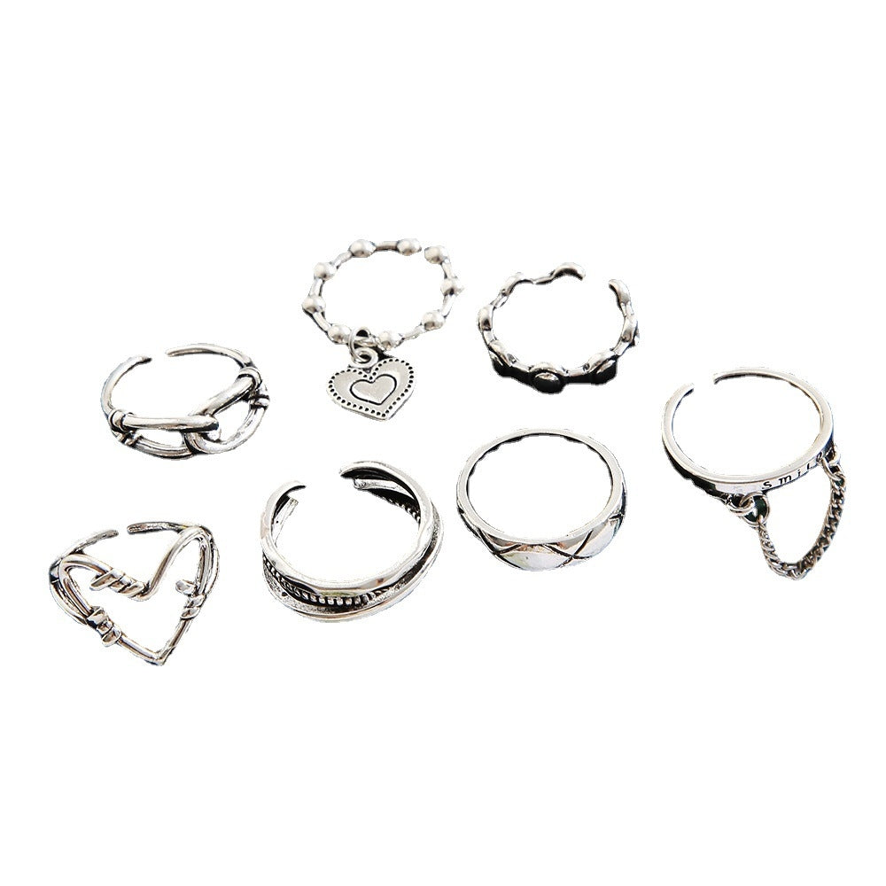 Retro Geometric Heart Chain Ring Set - 7 Piece Vintage Style