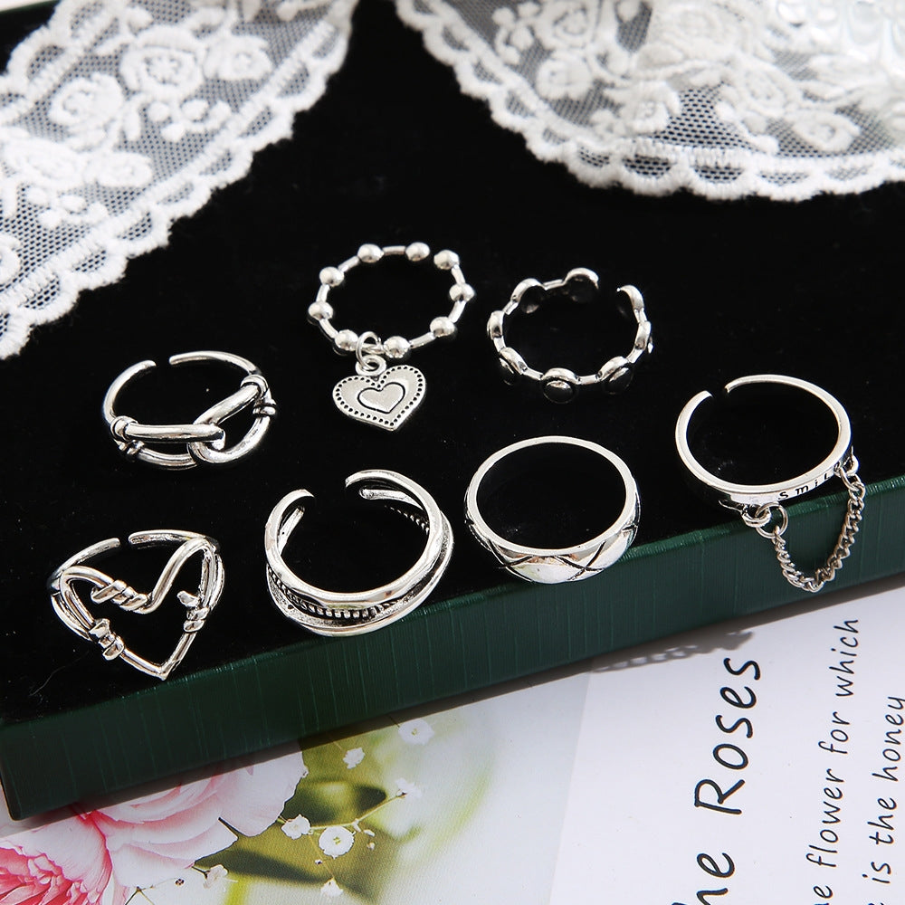 Retro Geometric Heart Chain Ring Set - 7 Piece Vintage Style