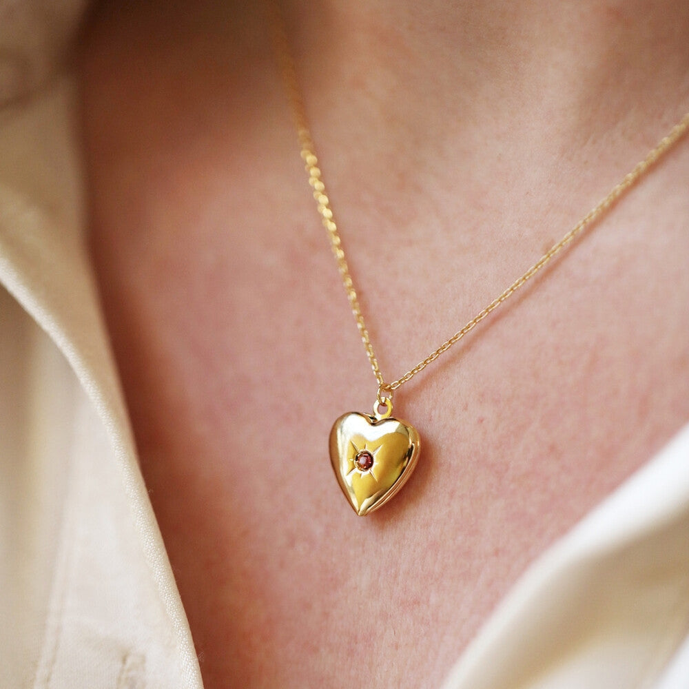 Retro Heart Shape 14k Gold Plated Birthstone Locket Necklace