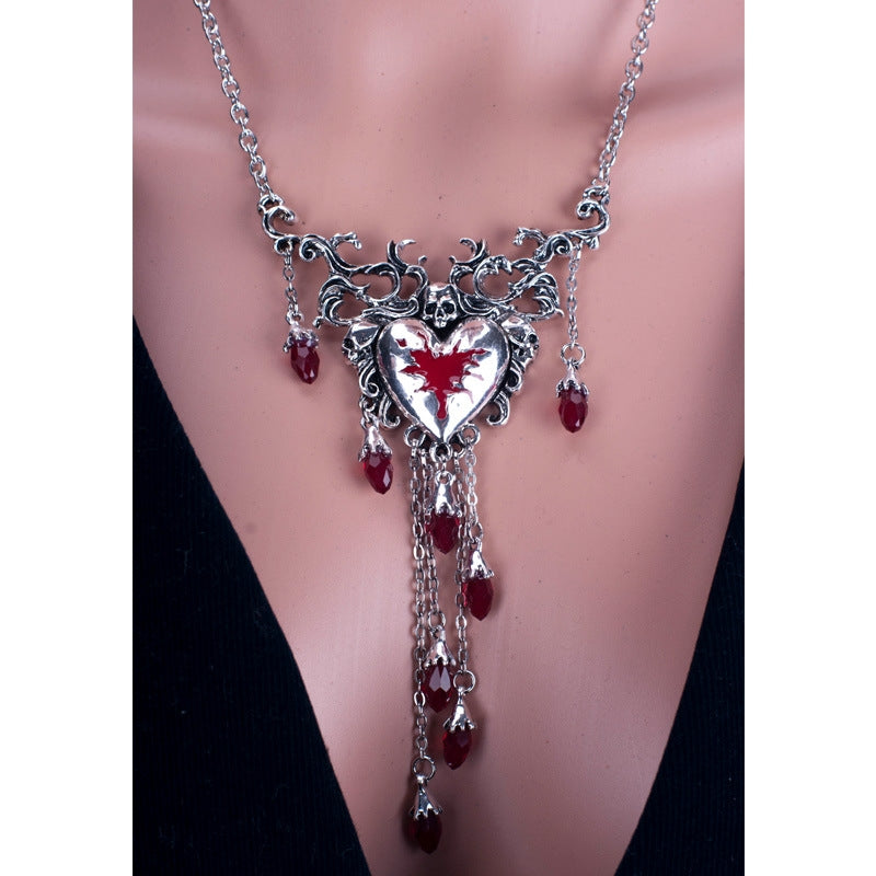 Retro Heart Shape Zinc Alloy Enamel Crystal Rhinestone Women's Necklace and Earrings Jewelry Set for Halloween and Christmas