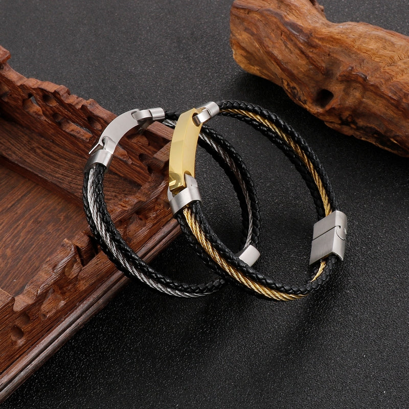 Retro Hexagon Stainless Steel Cowhide 18K Gold Plated Men's Bracelet