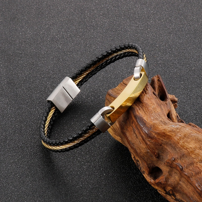 Retro Hexagon Stainless Steel Cowhide 18K Gold Plated Men's Bracelet